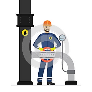 Happy oilman turns a pipeline valve. Oil industry and worker in special clothing and helmet. Engineer checks devices and meter