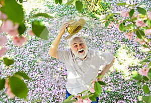 Happy old age. Cheerful pensioner. Mental health. Happy man under sakura tree looking upwards. Happy smiling senior man