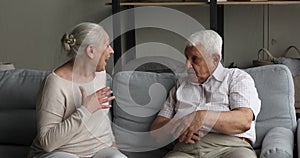 Happy old age grandparents enjoy talk on couch at home