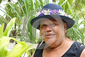 Happy old aged Polynesian Cook Islander woman smile in Rarotonga Cook Islands