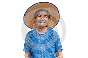 Happy old Asian woman farmer smiling on a white