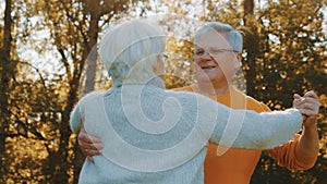 Happy old couple dancing in park. Senior man flirting with elderly woman. Romance at old age autumn day