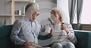 Happy old couple drinking tea talking laughing sit on sofa