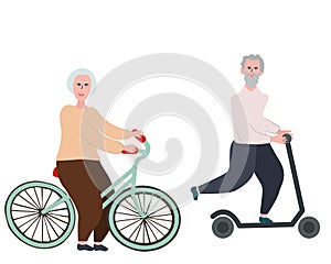 Happy old couple riding a kick scooter and bicycle