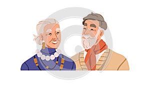 Happy old couple. Senior woman and man smiling, laughing. Stylish fashion elderly spouse, family. Joyful aged retired