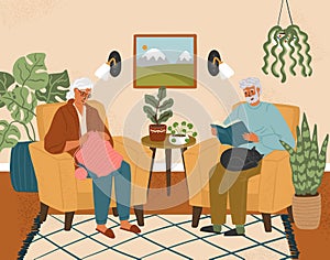 Happy old couple stay at home. Retirement leisure activity concept vector illustration. Senior woman knitting. Senior