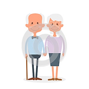 Happy old couple together. Cute Seniors couple holding hands. Happy grandparents day. Vector Illustration of happy retirement.