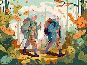 happy old hiking couple walking senior trekking grandfather elderly active. Generative AI.