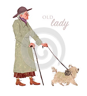 Happy old lady in coat and hat walk a dog in the autumn park.