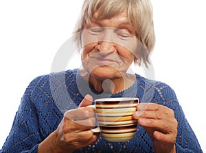 Happy old lady with coffee