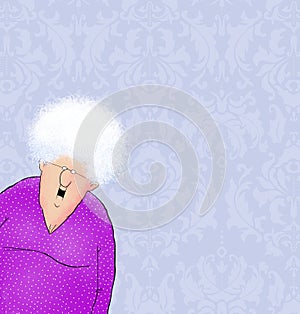 Happy Old Lady with Damask Wallpaper and Room For Text
