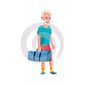 happy old man with sport bag going to gym cartoon vector