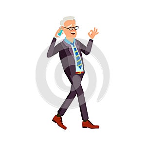 happy old man talking with wife on phone and walking in garden cartoon vector