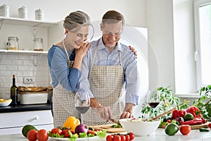 Happy old senior couple preparing vegetable salad cooking in kitchen at home.