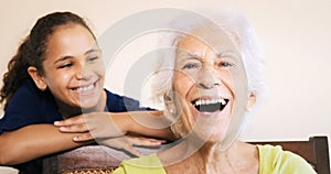 Happy Old Senior Woman Grandmother And Young Girl Smiling