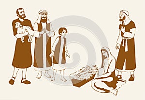 The shepherds came to bow to the newborn baby Jesus. Vector drawing