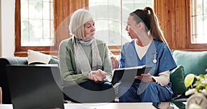 Happy, old woman or doctor with good news, results or report history talking in consultation. Checklist, clapping or