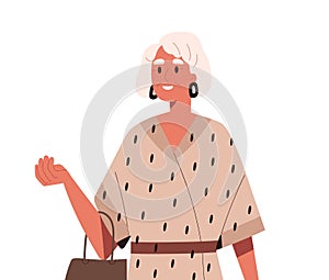 Happy old woman in modern fashion clothes. Stylish wealthy lady of senior age. Elderly person wearing earrings, dress