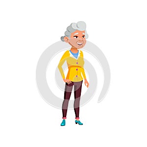 happy old woman relaxing on flower field cartoon vector