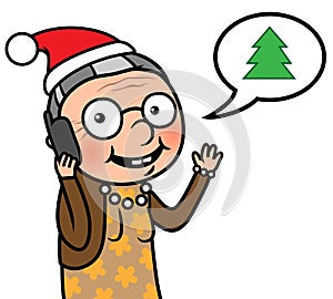 Happy old woman with Santa hat Christmas call