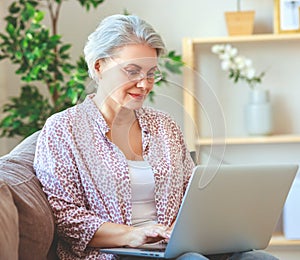 Happy old woman senior working at computer laptop at home