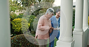 Happy, old woman talking and caregiver walking patient, healthcare client and elderly mobility support up stairs. Funny