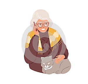 Happy old woman talking on mobile phone. Granny calling by smartphone. Grandma in glasses using cellular. Colored flat