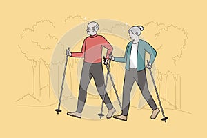 Happy older people do Nordic walking in forest