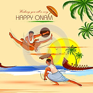 Happy Onam background for Festival of South India Kerala with Kalaripayattu dance form