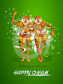Happy Onam background for Festival of South India Kerala with Puli Kali dancer