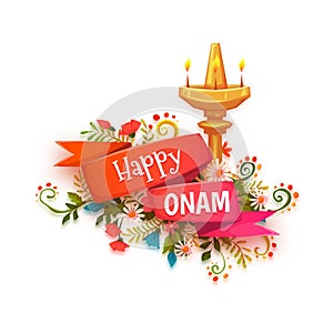 Happy Onam banner with flowers and lamp