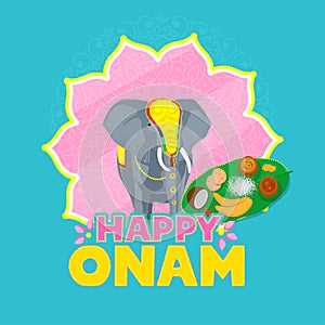 Happy Onam Celebration Concept With Elephant Animal, Sadya Food On Pink And Blue