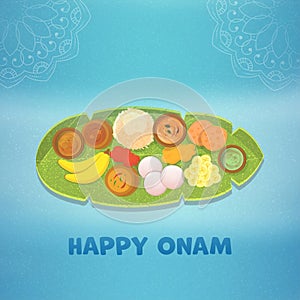 Happy Onam Celebration Concept With Traditional Sadya Against Blue