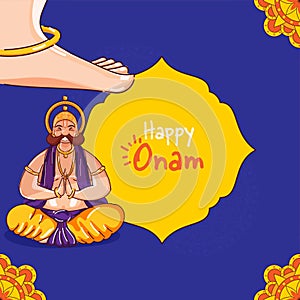 Happy Onam Celebration Poster Design With Vamana Leg On King Mahabali photo