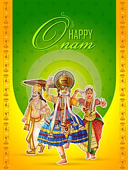 Happy Onam festival background of Kerala South India in Indian art style