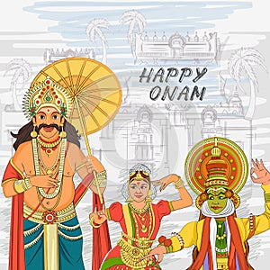 Happy Onam festival background of Kerala South India in Indian art style