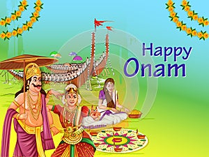 Happy Onam festival background of Kerala South India in Indian art style