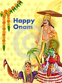 Happy Onam festival background of Kerala South India in Indian art style