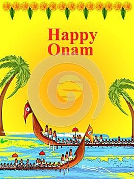 Happy Onam festival background of Kerala South India in Indian art style