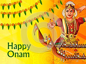 Happy Onam festival background of Kerala South India in Indian art style