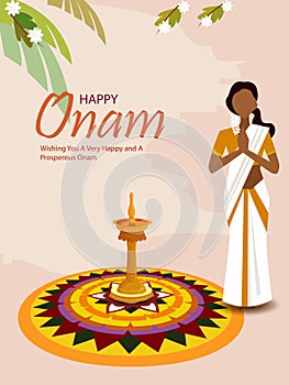 Happy Onam festival greetings to mark the annual Hindu festival of Kerala, India