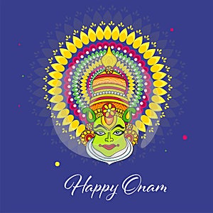 Happy Onam Greeting Card With Kathakali Dancer Face On Blue