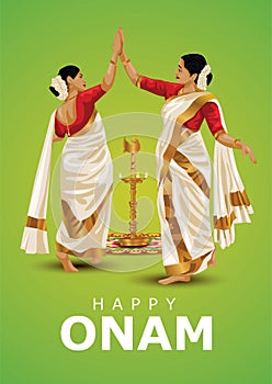 Happy onam greetings.Thiruvathira,a traditional dance from Kerala. vector illustration photo