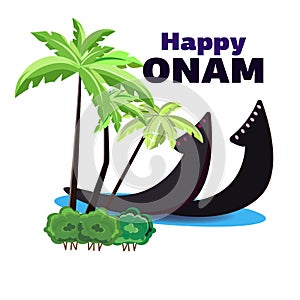 Happy Onam, illustration of a boat on the shore of an oasis