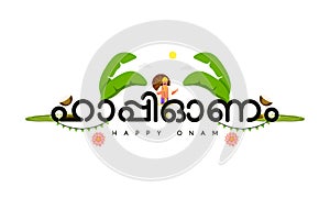 Happy Onam Lettering In Malayalam Language With King Mahabali Standing, Coconut Slice, Banana Leaves And Sun On White