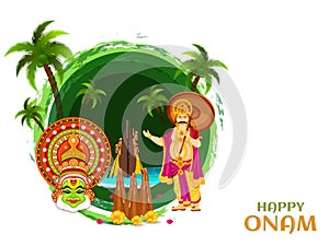Happy Onam poster or banner design with illustration of Kathakali dancer face.