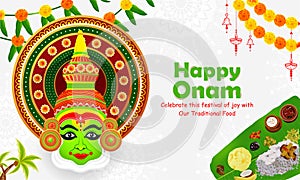 Happy Onam traditional white decorated background with kathakali dancer face, traditional food sadya served on banana leaf for