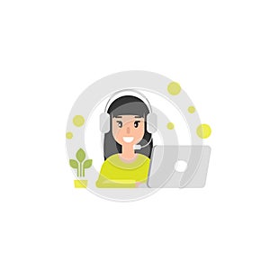 Happy operator girl with computer, headphones and microphone. flat vector illustration