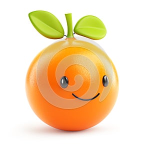 Happy orange fruit character with a bright smile and green leafy top