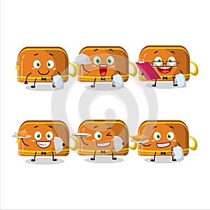 happy orange pencil case waiter cartoon character holding a plate